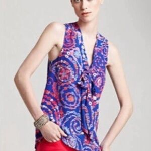 Lilly Pulitzer Dahlia Silk Blue Paisley Tie Sleeveless Top Blouse SZ Large